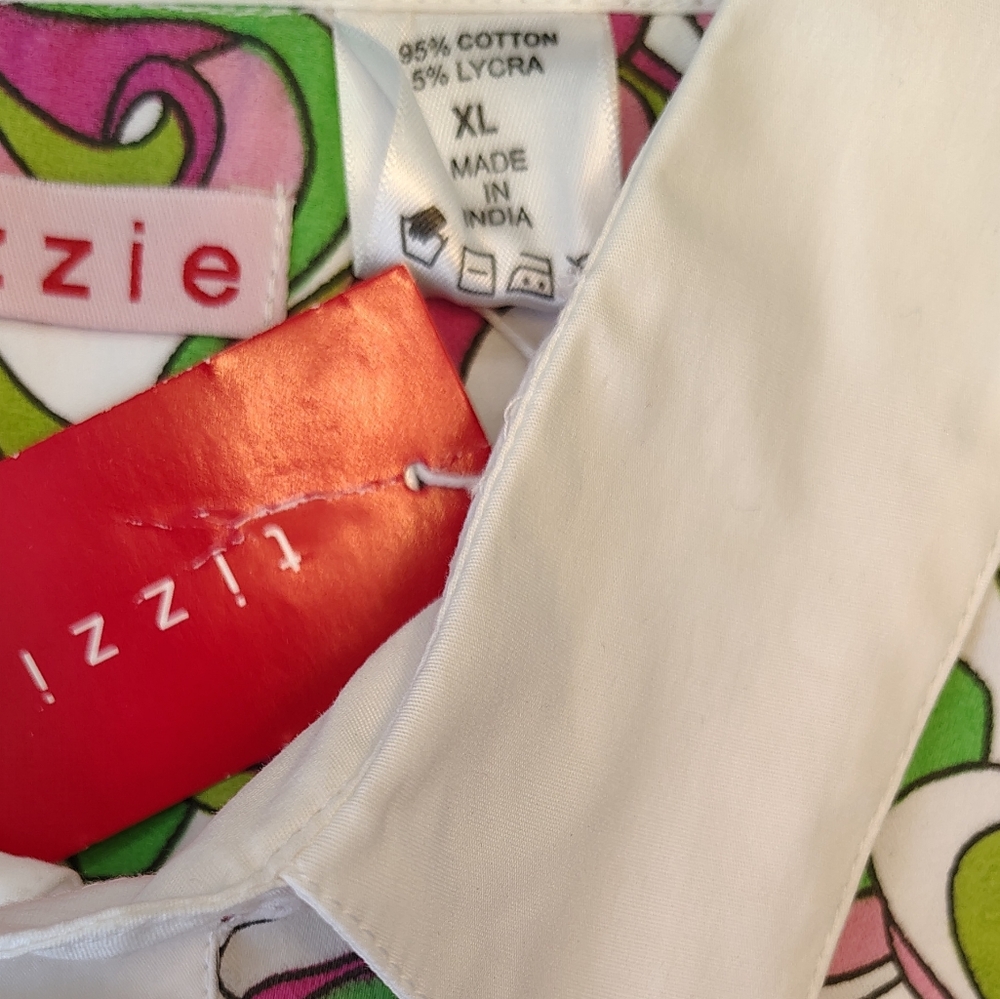 NWT TIZZIE PINK GREEN MOD SPLIT NECK COTTON DRESS with POCKETS WOMEN'S Sz XL. - Picture 8 of 8